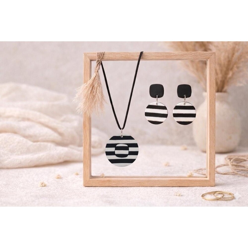Black White Striped Polymer Clay Jewelry Set, Modern Dangle Earrings Necklace